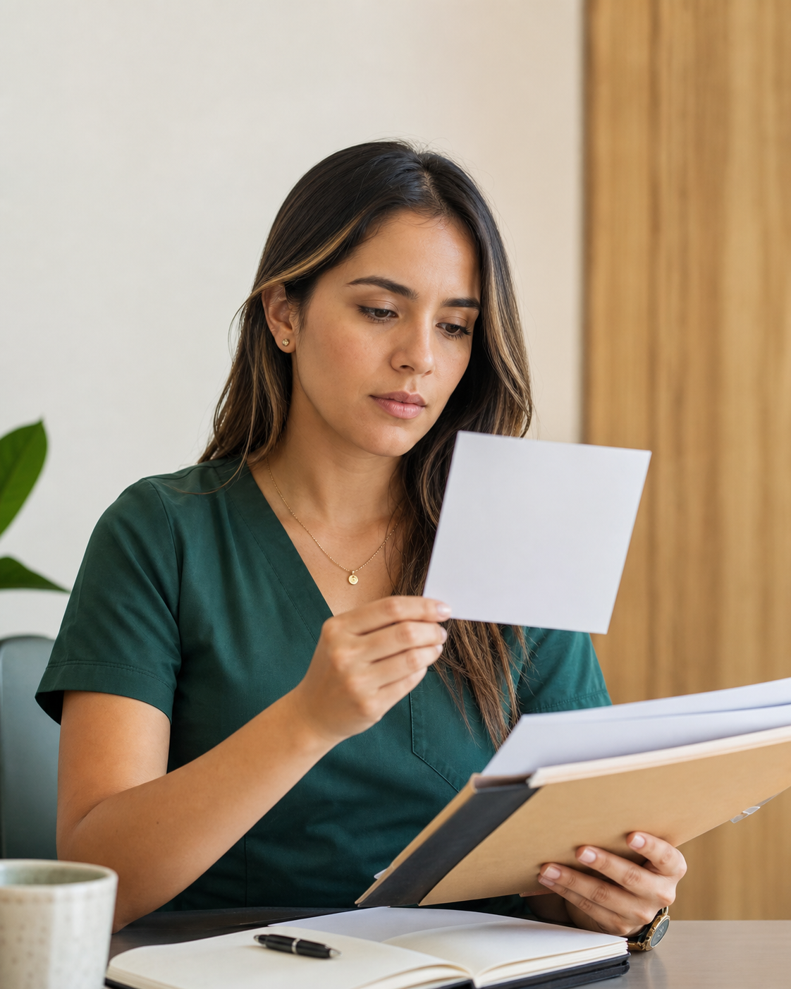 Enfermera revisando certificados y documentos académicos